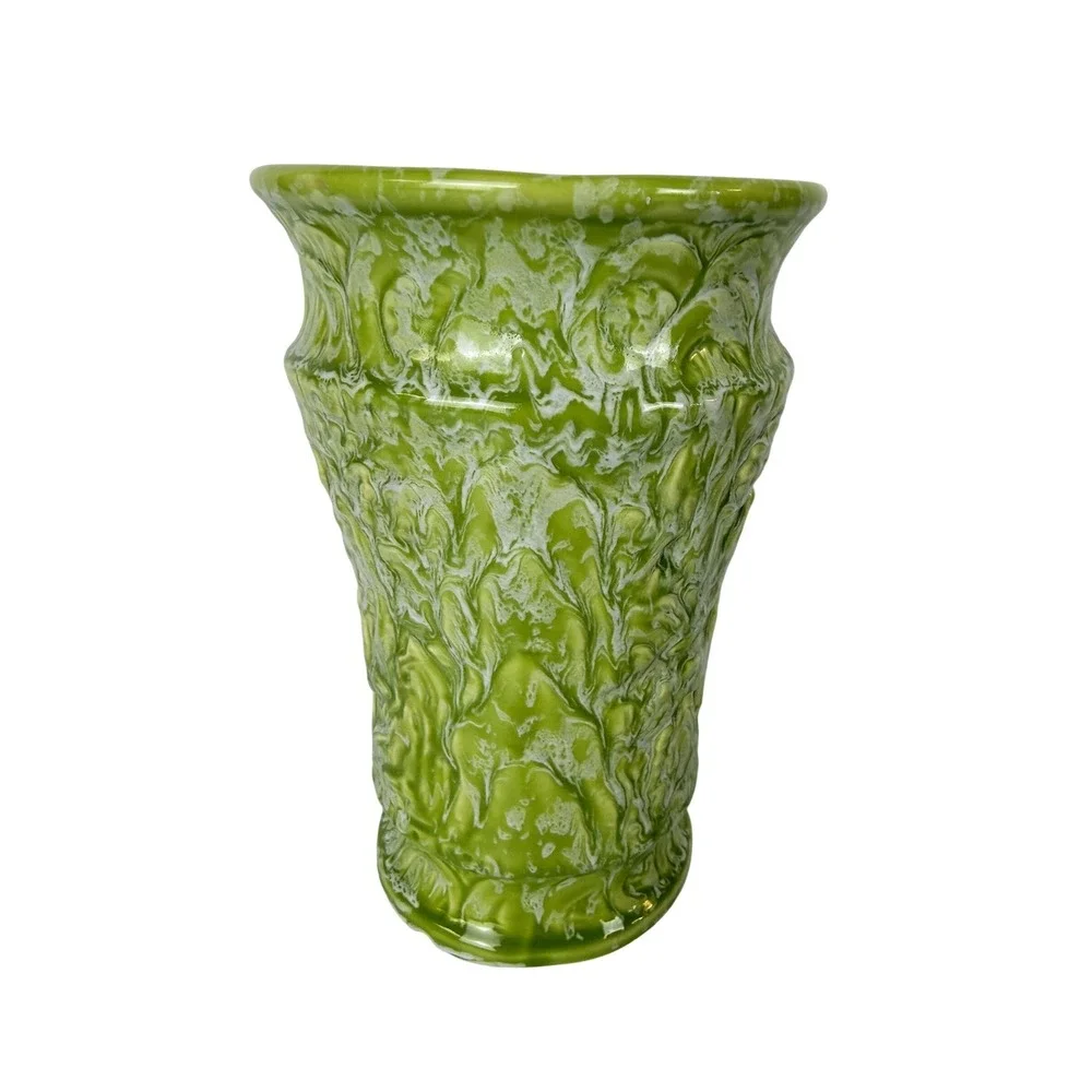 Vintage Lime Green White Drip Glaze Ceramic Vase Textured Floral Embossed 9.25in